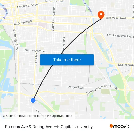 Parsons Ave & Dering Ave to Capital University map
