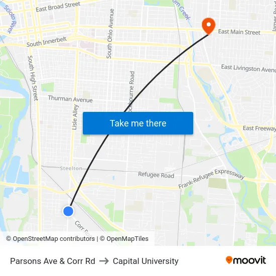 Parsons Ave & Corr Rd to Capital University map