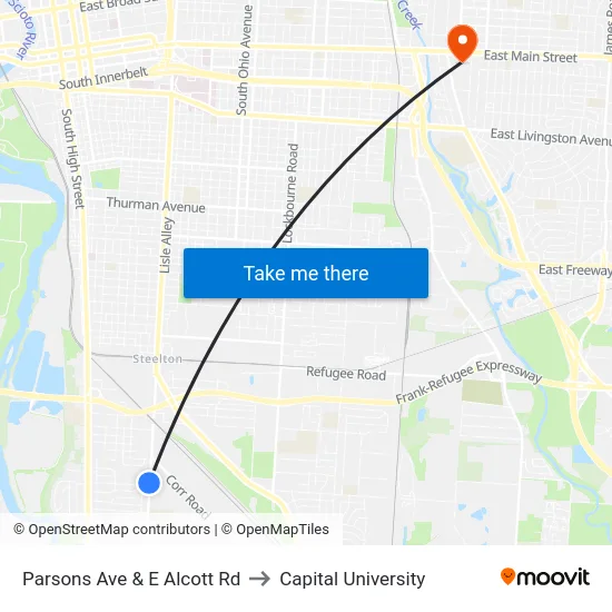 Parsons Ave & E Alcott Rd to Capital University map