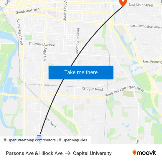 Parsons Ave & Hilock Ave to Capital University map