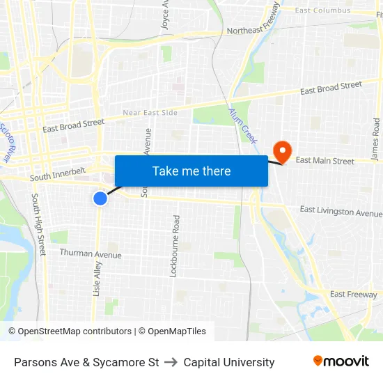 Parsons Ave & Sycamore St to Capital University map