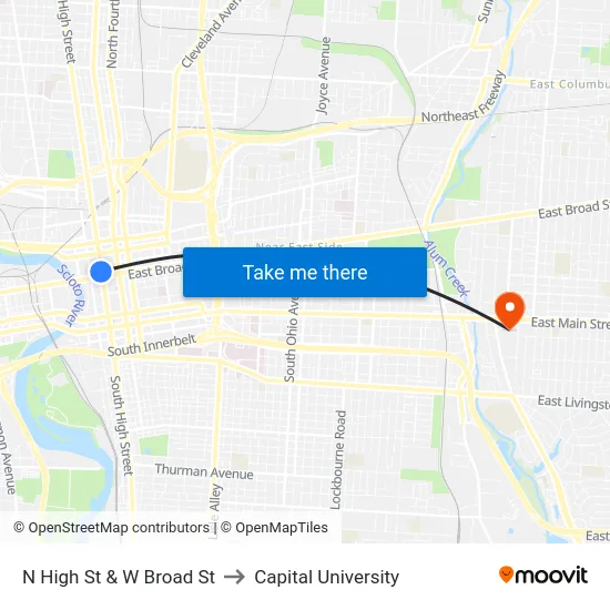 N High St & W Broad St to Capital University map