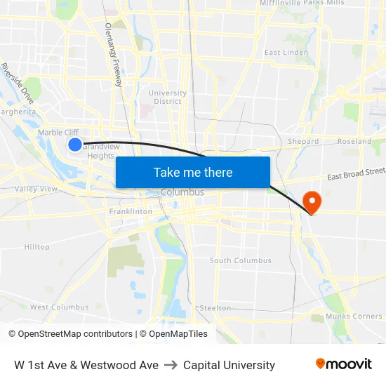 W 1st Ave & Westwood Ave to Capital University map
