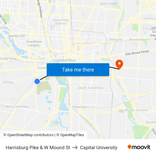 Harrisburg Pike & W Mound St to Capital University map