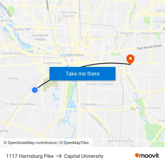 1117 Harrisburg Pike to Capital University map