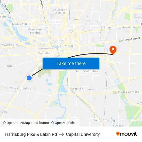 Harrisburg Pike & Eakin Rd to Capital University map