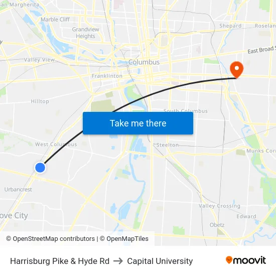 Harrisburg Pike & Hyde Rd to Capital University map