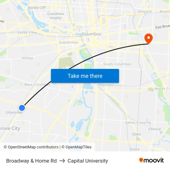 Broadway & Home Rd to Capital University map