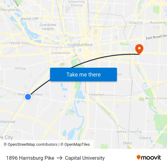 1896 Harrisburg Pike to Capital University map