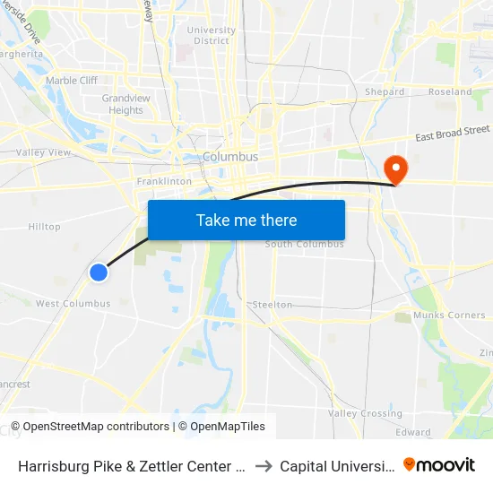 Harrisburg Pike & Zettler Center Dr to Capital University map