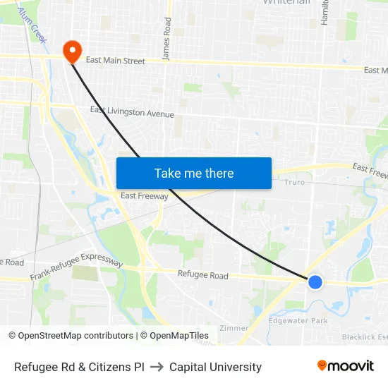Refugee Rd & Citizens Pl to Capital University map