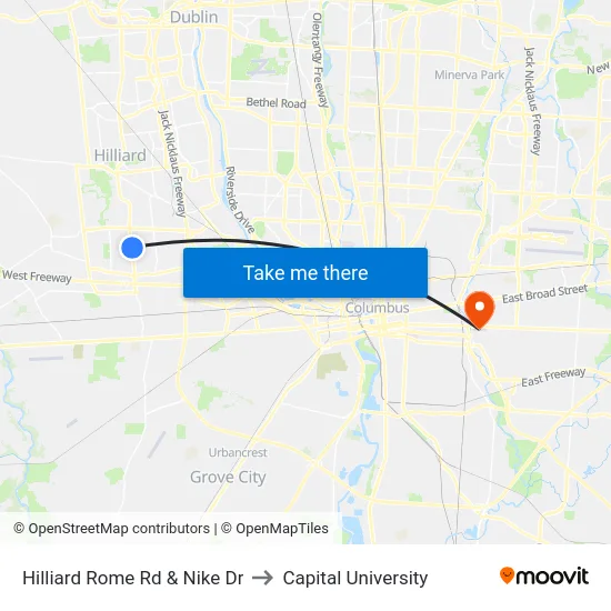 Hilliard Rome Rd & Nike Dr to Capital University map