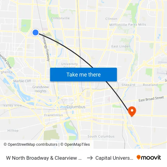 W North Broadway & Clearview Ave to Capital University map