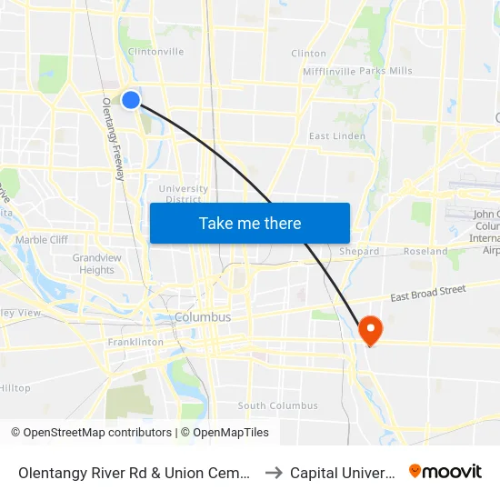 Olentangy River Rd & Union Cemetery to Capital University map