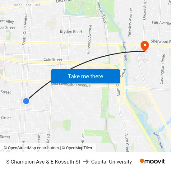 S Champion Ave & E Kossuth St to Capital University map