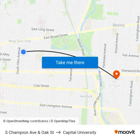 S Champion Ave & Oak St to Capital University map