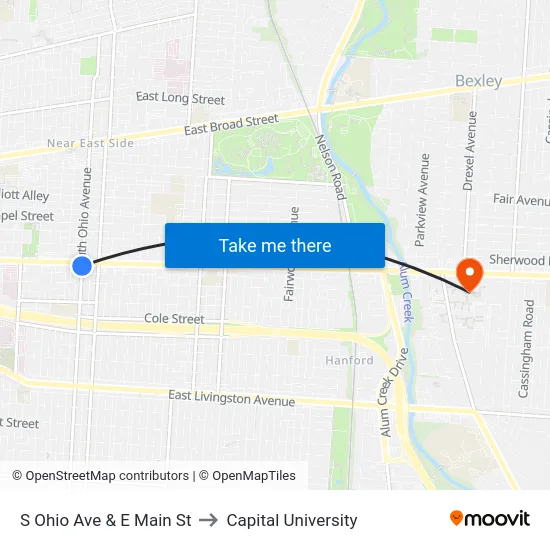 S Ohio Ave & E Main St to Capital University map