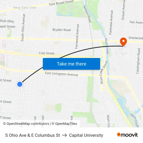 S Ohio Ave & E Columbus St to Capital University map