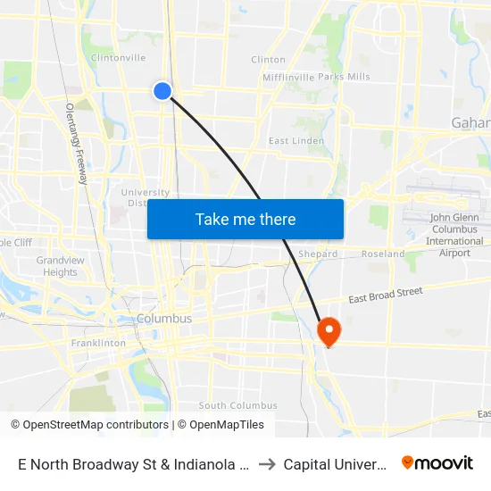 E North Broadway St & Indianola Ave to Capital University map
