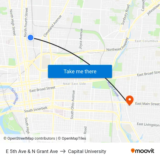 E 5th Ave & N Grant Ave to Capital University map