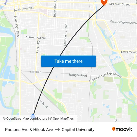 Parsons Ave & Hilock Ave to Capital University map