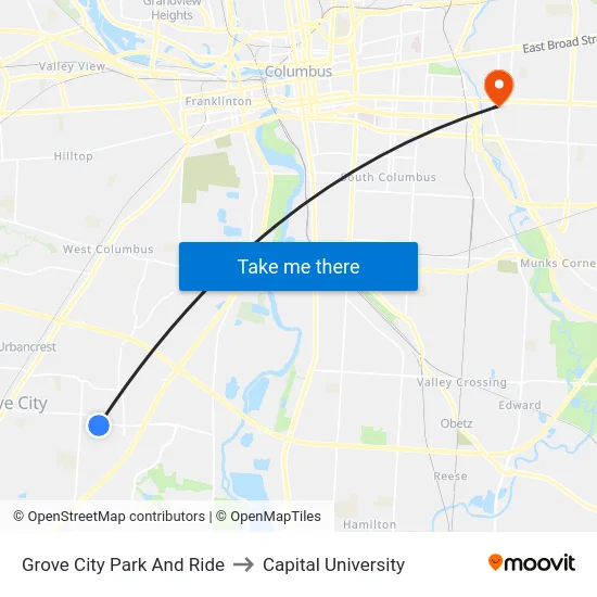 Grove City Park And Ride to Capital University map