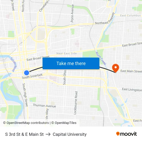 S 3rd St & E Main St to Capital University map