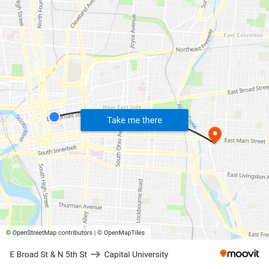 E Broad St & N 5th St to Capital University map