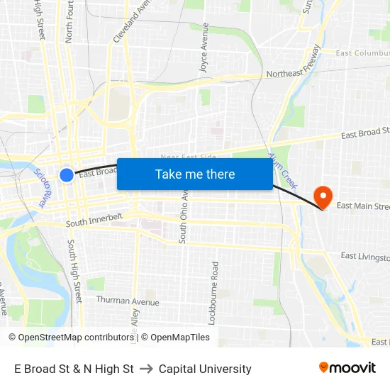 E Broad St & N High St to Capital University map