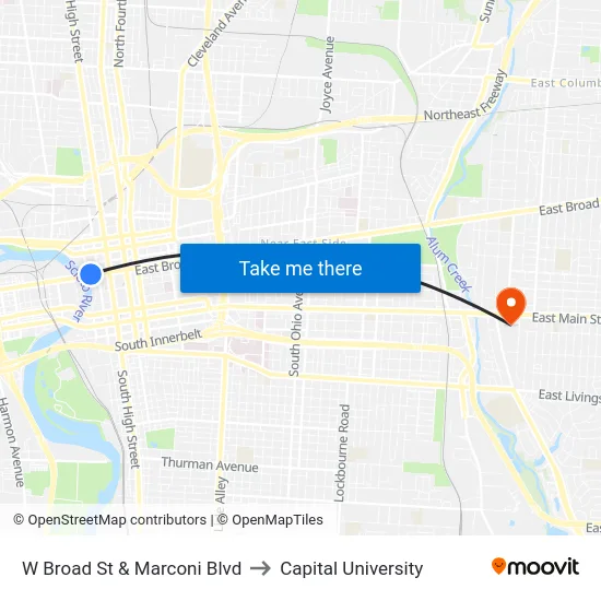 W Broad St & Marconi Blvd to Capital University map