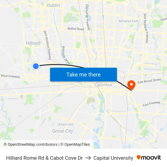 Hilliard Rome Rd & Cabot Cove Dr to Capital University map