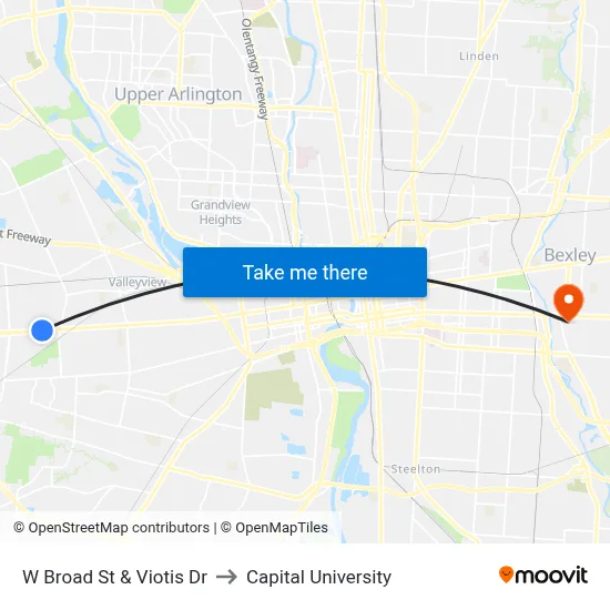 W Broad St & Viotis Dr to Capital University map