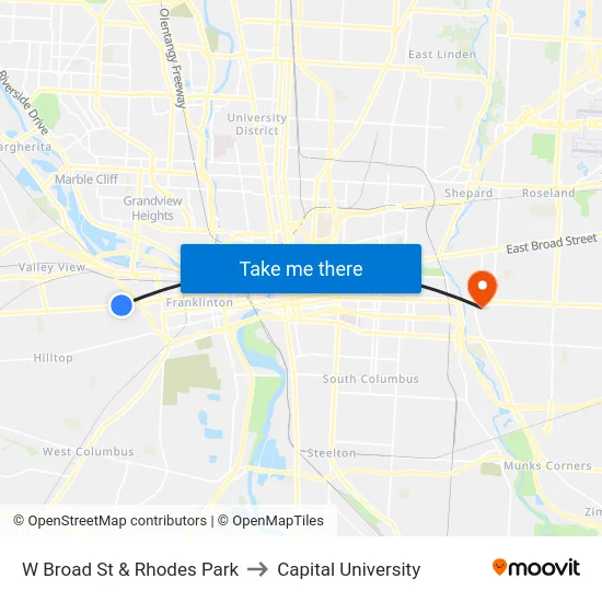 W Broad St & Rhodes Park to Capital University map