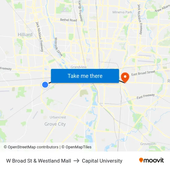 W Broad St & Westland Mall to Capital University map