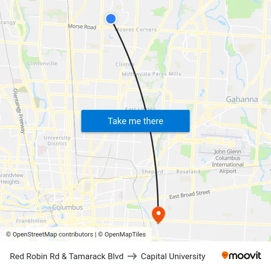 Red Robin Rd & Tamarack Blvd to Capital University map
