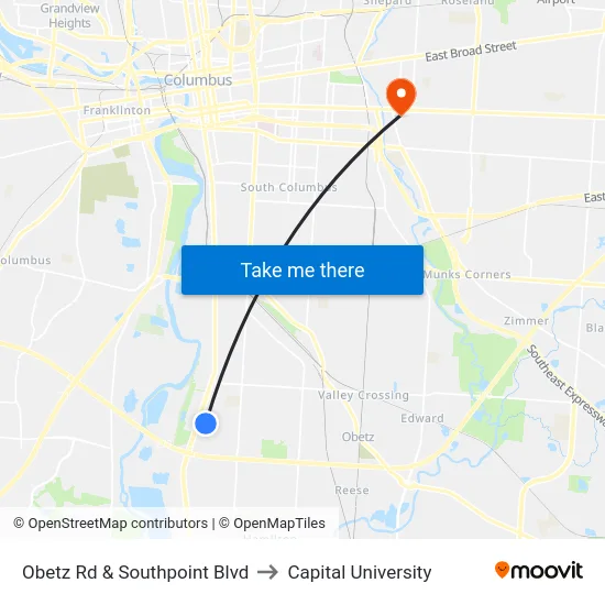 Obetz Rd & Southpoint Blvd to Capital University map