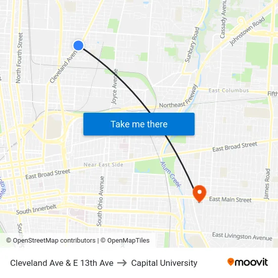 Cleveland Ave & E 13th Ave to Capital University map