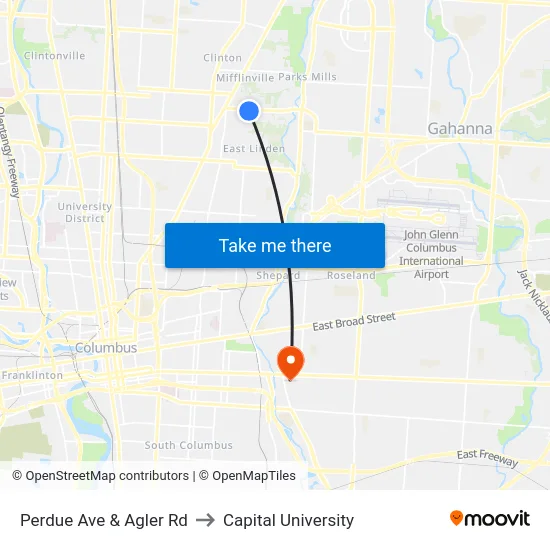 Perdue Ave & Agler Rd to Capital University map
