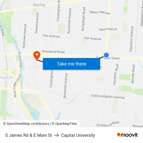 S James Rd & E Main St to Capital University map
