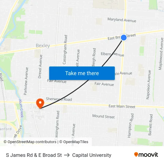S James Rd & E Broad St to Capital University map