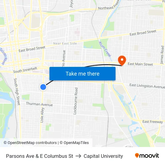 Parsons Ave & E Columbus St to Capital University map