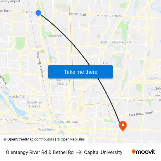 Olentangy River Rd & Bethel Rd to Capital University map