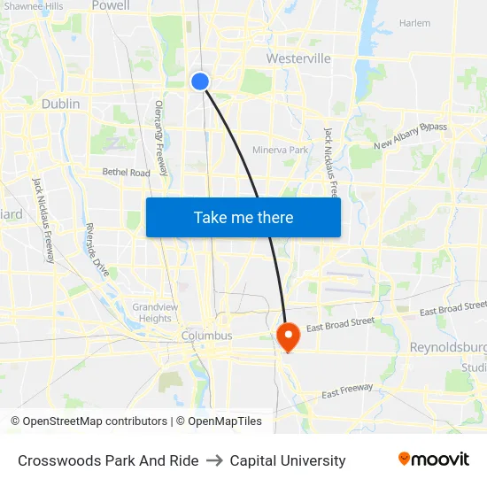 Crosswoods Park And Ride to Capital University map