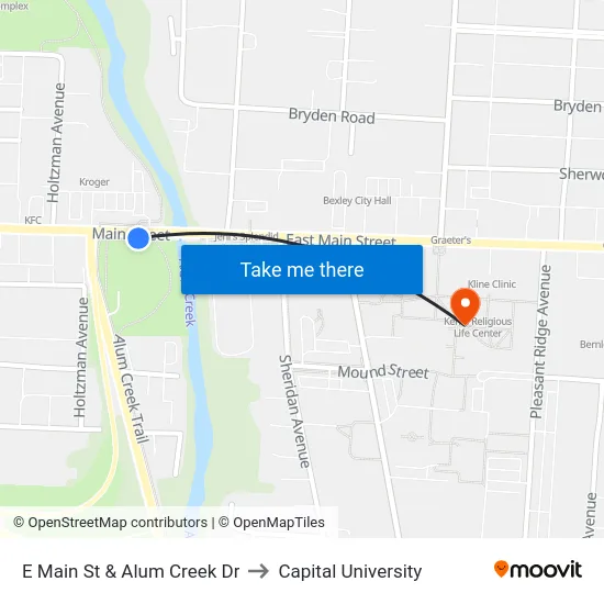 E Main St & Alum Creek Dr to Capital University map