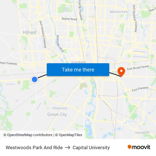 Westwoods Park And Ride to Capital University map