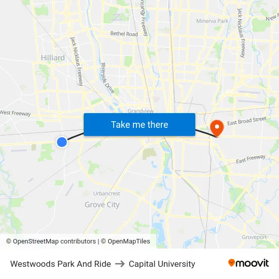 Westwoods Park And Ride to Capital University map