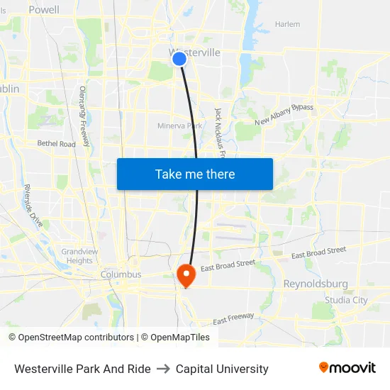 Westerville Park And Ride to Capital University map