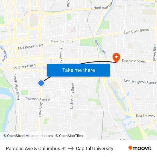 Parsons Ave & Columbus St to Capital University map