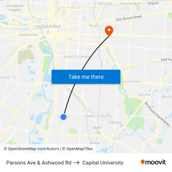 Parsons Ave & Ashwood Rd to Capital University map
