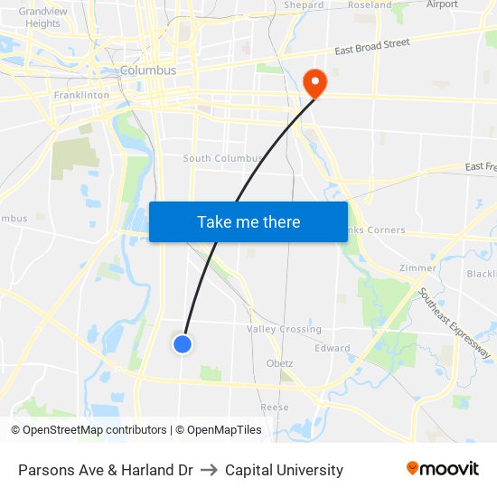 Parsons Ave & Harland Dr to Capital University map